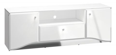 TV-Unterschrank Sydfalster 03, Farbe: Weiß / Weiß Hochglanz - Abmessungen: 56 x 160 x 41 cm (H x B x T), mit 2 Türen, 1 Schublade und 5 Fächern