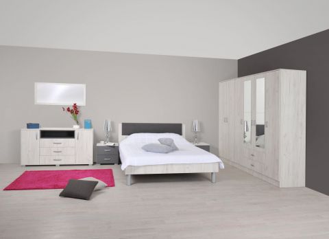 Schlafzimmer Komplett - Set A Sidonia, 8-teilig, Farbe: Eiche Weiß / Anthrazit