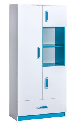 Kinderzimmer - Drehtürenschrank / Kleiderschrank Frank 03, Farbe: Weiß / Blau - 189 x 90 x 40 cm (H x B x T)