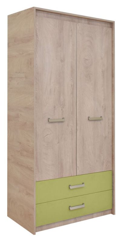 Kinderzimmer - Drehtürenschrank / Kleiderschrank Koa 02, Farbe: Eiche / Grün - Abmessungen: 203 x 96 x 52 cm (H x B x T)