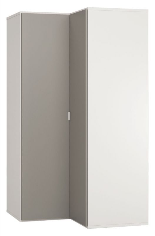 Drehtürenschrank / Eckkleiderschrank Bellaco 39, Farbe: Weiß / Grau - Abmessungen: 187 x 102 x 104 cm (H x B x T)
