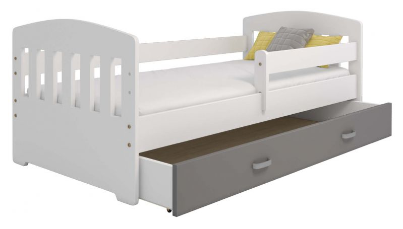 Kinderbett Kiefer teilmassiv weiß lackiert B6, Schublade: Grau, inkl. Lattenrost - Liegefläche: 80 x 160 cm (B x L)