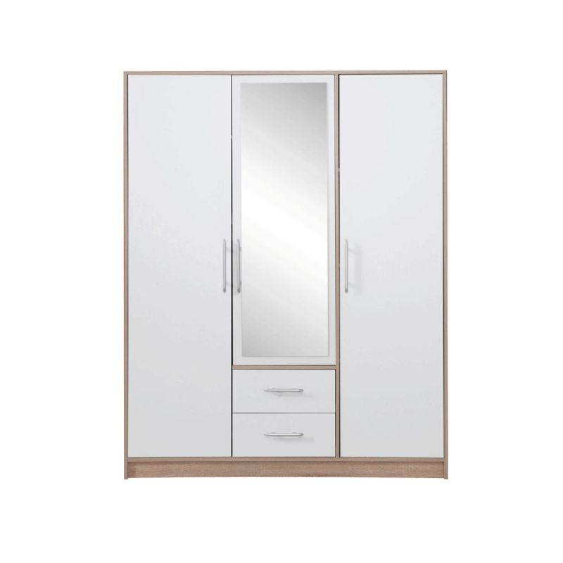 Schlafzimmer - Kleiderschrank mit Spiegel, Farbe: Weiß / Eiche - Abmessungen: 190 x 150 x 56 cm (H x B x T) Abbildung