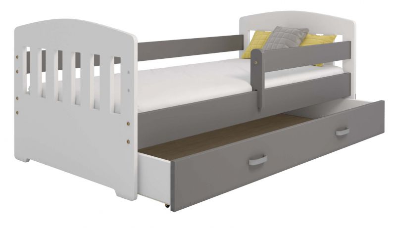 Kinderbett Kiefer teilmassiv weiß / grau lackiert B6, Schublade: Grau, inkl. Lattenrost - Liegefläche: 80 x 160 cm (B x L)