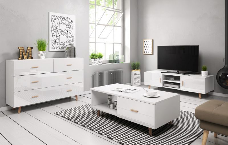 Wohnzimmer Komplett - Set A Cirit, 3-teilig, Farbe: Weiß / Weiß Glanz