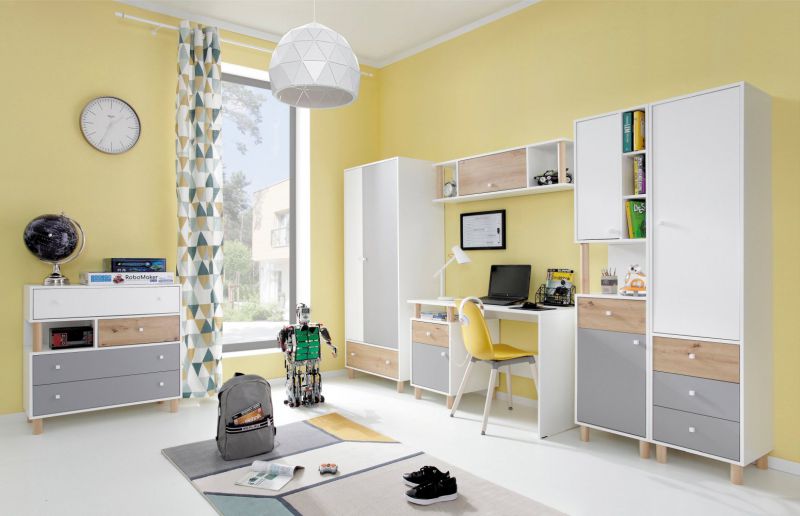Jugendzimmer - Set G Burdinne, 6-teilig, Farbe: Weiß / Eiche / Grau