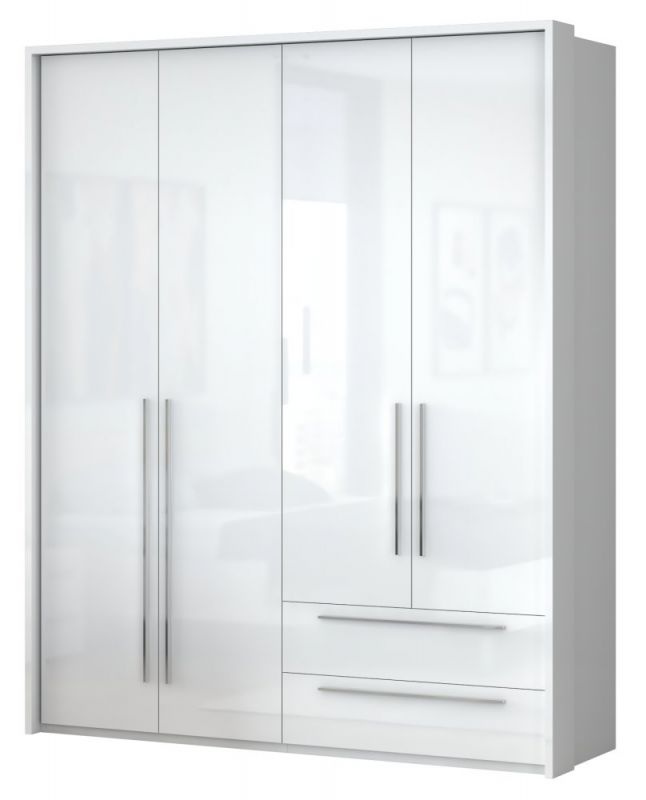 Drehtürenschrank / Kleiderschrank mit Rahmen Siumu 28, Farbe: Weiß / Weiß Hochglanz - 226 x 187 x 60 cm (H x B x T)
