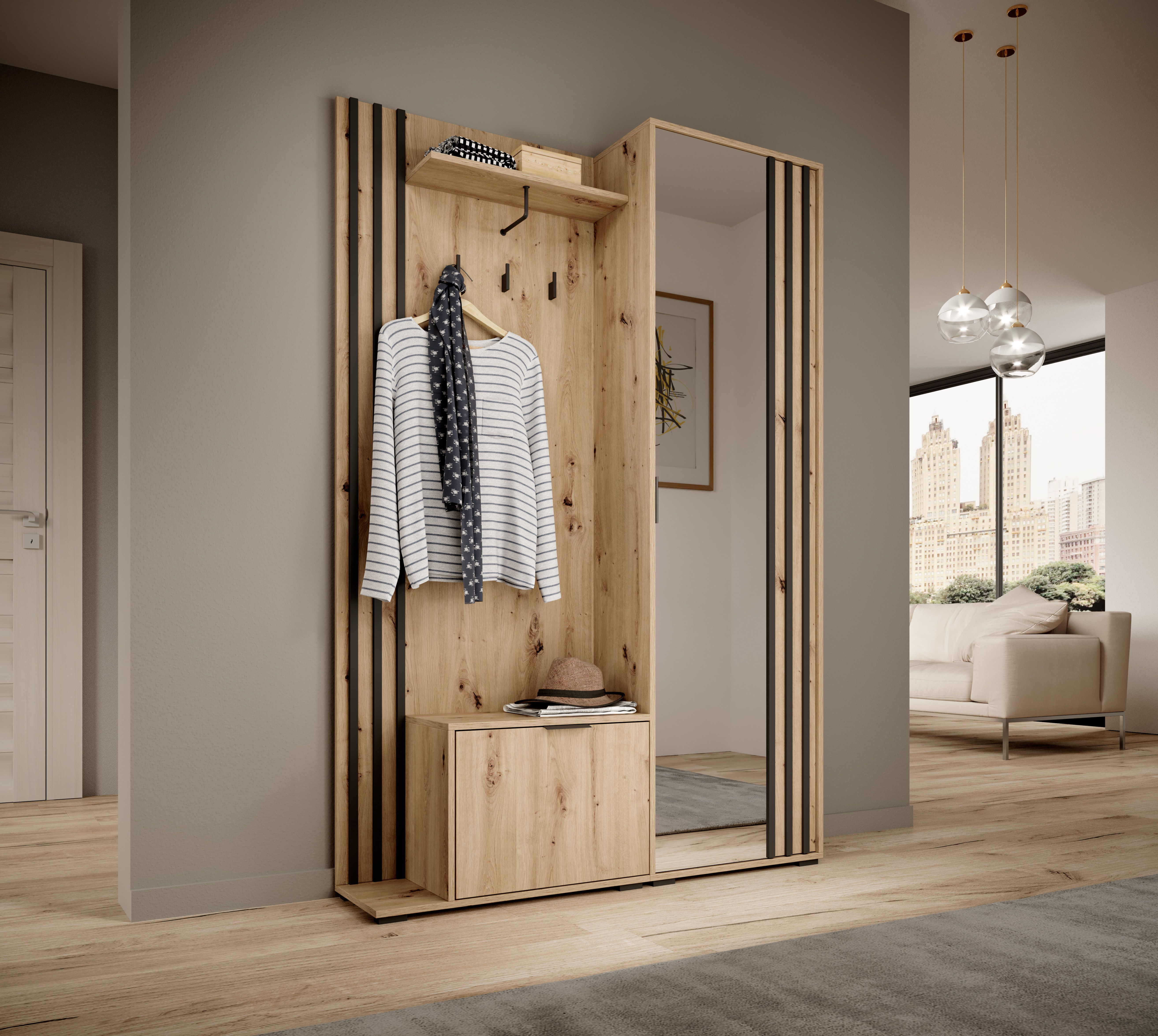 Moderne Garderobe mit Spiegeltür Leeds 01, Farbe: Eiche Artisan / Schwarz