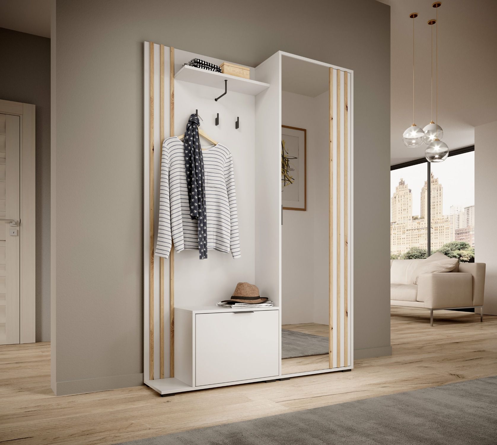 Schlichte Garderobe mit Spiegeltür Leeds 02, Farbe: Weiß / Eiche Artisan
