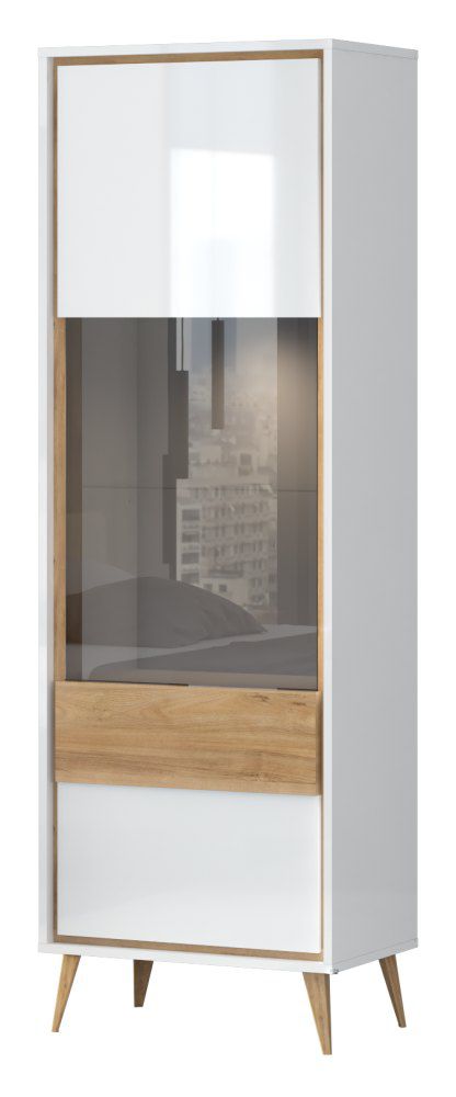 Vitrine Tuanai 02, Farbe: Eiche / Weiß Hochglanz