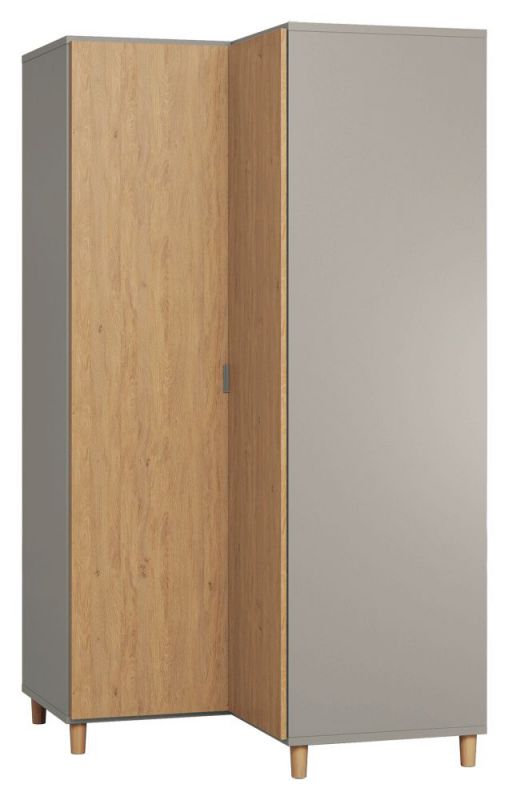 Drehtürenschrank / Eckkleiderschrank Nanez 36, Farbe: Grau / Eiche - Abmessungen: 195 x 102 x 104 cm (H x B x T)