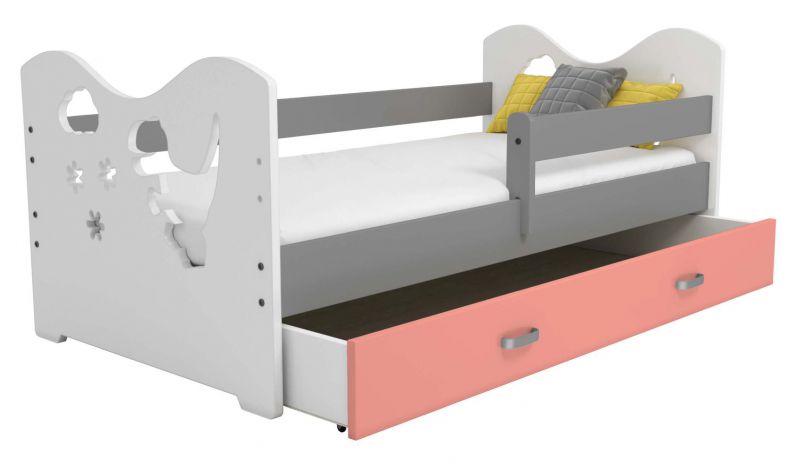 Kinderbett Kiefer teilmassiv weiß / grau lackiert B3, Schublade: Rosa, inkl. Lattenrost - Liegefläche: 80 x 160 cm (B x L)