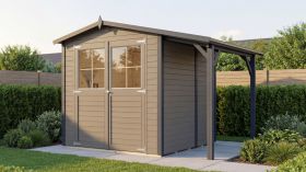 Gartenhaus | 2,77 x 2,03 Meter | Gerätehaus | Beige | Elementbauweise | mit Anbaudach | Satteldach | Weilar 02 | Gerahmte Massivholztür mit Fenstern