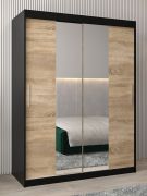 Schiebetürenschrank / Kleiderschrank Bisaurin 3B mit Spiegel, Farbe: Schwarz / Eiche Sonoma - Abmessungen: 200 x 150 x 62 cm ( H x B x T)