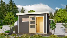 Saunahaus "Linnea 1" SET mit moderner Tür, Farbe: Terragrau, mit Fenster - 336 x 196 cm (B x T), Grundfläche: 6 m²