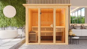 Sauna "Druna" mit bronzierter Tür, Glasfront und Kranz - Farbe: Natur - 240,5 x 248 x 202 cm (B x T x H)