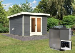 Saunahaus "Anni 1" SET B mit Ofen BIO 9 kW, Farbe: Terragrau - 309 x 309 cm (B x T), Grundfläche: 9,3 m²