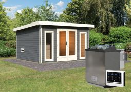 Saunahaus "Anni 2" SET A mit Ofen 9 kW, Farbe: Terragrau - 369 x 309 cm (B x T), Grundfläche: 9,3 m²