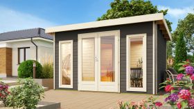 Saunahaus "Anni 2" SET B Farbe: Terragrau - 369 x 309 cm (B x T), Grundfläche: 9,3 m²