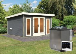 Saunahaus "Anni 3" SET B mit Ofen 9 kW, Farbe: Terragrau - 369 x 369 cm (B x T), Grundfläche: 13,32 m²