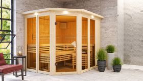 Sauna "Alvara" SET mit bronzierter Tür und Kranz - Farbe: Natur, Ofen 9 kW - 245 x 210 x 202 cm (B x T x H)