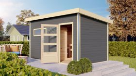 Saunahaus "Linnea 3" SET mit moderner Tür & Ofen 9 kW, Farbe: Terragrau - 396 x 231 cm (B x T), Grundfläche: 8,4 m²