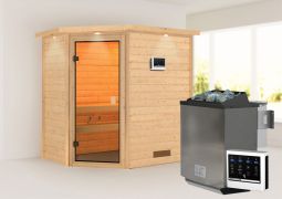 Sauna "Njal" SET mit bronzierter Tür und Kranz - Farbe: Natur, Ofen BIO 9 kW - 223 x 159 x 191 cm (B x T x H)