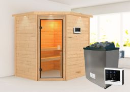 Sauna "Olai" SET mit bronzierter Tür und Kranz - Farbe: Natur, Ofen externe Steuerung easy 9 kW - 223 x 183 x 191 cm (B x T x H)