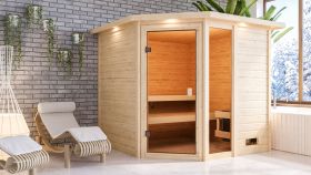 Sauna "Gunvald" SET mit bronzierter Tür und Kranz - Farbe: Natur, Ofen 9 kW - 224 x 210 x 191 cm (B x T x H)