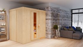 Sauna "Veli" SET mit Energiespartür - Farbe: Natur, Ofen BIO 9 kW - 196 x 151 x 198 cm (B x T x H)