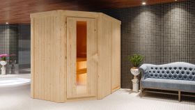 Sauna "Mika" SET mit Energiespartür - Farbe: Natur, Ofen externe Steuerung easy 9 kW - 151 x 196 x 198 cm (B x T x H)