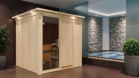 Sauna "Aleksi" SET mit graphitfarbener Tür und Kranz - Farbe: Natur, Ofen BIO 9 kW - 210 x 210 x 202 cm (B x T x H)
