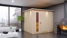 Sauna "Toivo" SET mit Energiespartür und Kranz - Farbe: Natur, Ofen 9 kW, Klimamesser, Sanduhr, Baderegeltafel - 245 x 210 x 202 cm (B x T x H)