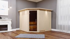 Sauna "Samu" SET mit graphitfarbener Tür und Kranz - Farbe: Natur, Ofen externe Steuerung easy 9 kW - 245 x 210 x 202 cm (B x T x H)