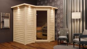 Sauna "Tjara 1" SET mit graphitfarbener Tür und Kranz - Farbe: Natur, Ofen BIO 9 kW - 221 x 198 x 212 cm (B x T x H)