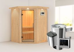 Sauna "Loran" SET mit Klarglastür und Kranz - Farbe: Natur, Ofen externe Steuerung easy 3,6 kW - 165 x 165 x 202 cm (B x T x H)