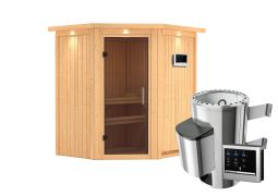 Sauna "Kjell" SET mit graphitfarbener Tür und Kranz - Farbe: Natur, Ofen externe Steuerung easy 3,6 kW - 184 x 165 x 202 cm (B x T x H)