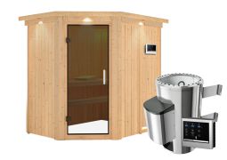 Sauna "Ole" SET mit graphitfarbener Tür und Kranz - Farbe: Natur, Ofen externe Steuerung easy 3,6 kW - 165 x 210 x 202 cm (B x T x H)