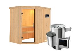 Sauna "Ole" SET mit Klarglastür - Farbe: Natur, Ofen externe Steuerung easy 3,6 kW - 151 x 196 x 198 cm (B x T x H)