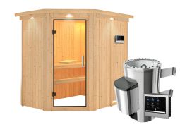 Sauna "Ole" SET mit Klarglastür und Kranz - Farbe: Natur, Ofen externe Steuerung easy 3,6 kW - 165 x 210 x 202 cm (B x T x H)