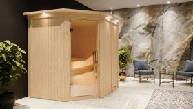 Sauna "Askjell" AKTION mit Klarglastür und Kranz - Farbe: Natur - 210 x 184 x 202 cm (B x T x H)