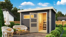 Saunahaus "Linnea 2" mit moderner Tür, Farbe: Terragrau - 336 x 231 cm (B x T), Grundfläche: 7 m²