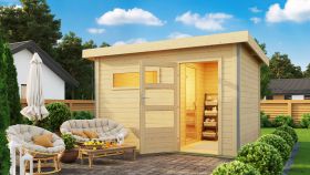 Saunahaus "Linnea 2" SET mit moderner Tür & Ofen 9 kW, Farbe: Natur - 336 x 231 cm (B x T), Grundfläche: 7 m²