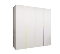 Drehtürenschrank mit vier Türen Eiger 27, Farbe: Weiß, Soft-Close-Funktion, zwei Fächer, Kleiderschrank, Griffe: Gold, 2 Meter breit, zwei Kleiderstangen