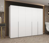 Kleiderschrank 2,5 Meter breit Eiger 37, Farbe: Weiß, Soft-Close-Funktion, Drehtürenschrank, Griffe: Kaschmir, drei Fächer, drei Kleiderstangen, für Schlafzimmer