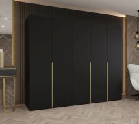 Drehtürenschrank Eiger 41, fünf Türen, Farbe: Schwarz, drei Kleiderstangen, 2,5 Meter breit, Soft-Close-Funktion, Kleiderschrank, Griffe: Gold, drei Fächer