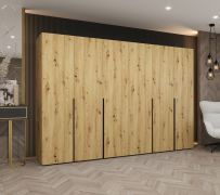 Kleiderschrank / Drehtürenschrank mit Soft-Close-Funktion Eiger 45, Farbe: Eiche Artisan, vier Kleiderstangen, Griffe: Schwarz, 3 Meter breit, vier Fächer
