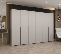 Kleiderschrank / Drehtürenschrank Eiger 53, Farbe: Kaschmir, sechs Türen, vier Kleiderstangen, 3 Meter breit, vier Fächer, Griffe: Schwarz, Soft-Close-Funktion