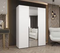 Kleiderschrank 1,5 Meter breit Eiger 69, Farbe: Weiß, eine Spiegeltür, zwei Kleiderstangen, Griffe: Schwarz, zwei Fächer, Soft-Close-Funktion, für Schlafzimmer