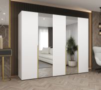 Drehtürenschrank / Kleiderschrank 2,5 Meter breit Eiger 93, Farbe: Weiß, zwei Spiegeltüren, drei Kleiderstangen, Griffe: Gold, Soft-Close-Funktion, drei Fächer